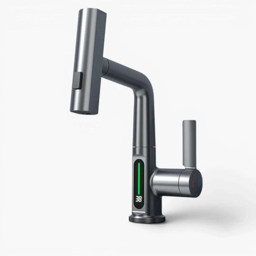 Robinet évier affichage température numérique flexible cascade - Argenté