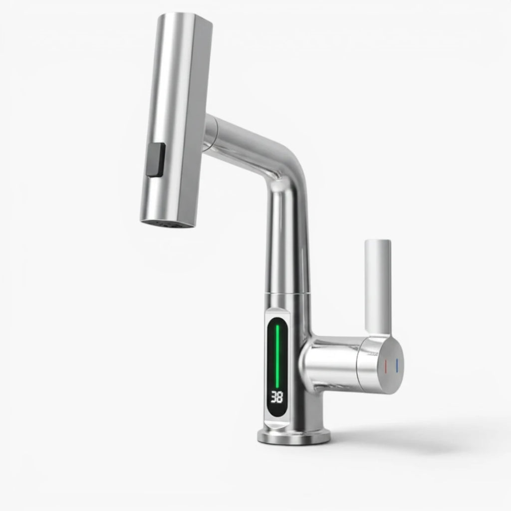 Robinet évier affichage température numérique flexible cascade - Argenté