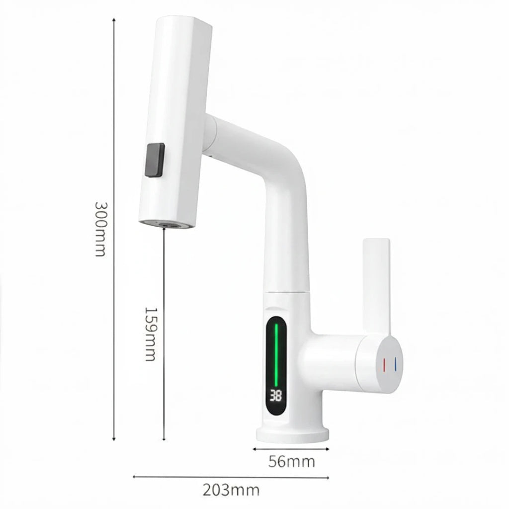 Robinet évier affichage température numérique flexible cascade - Blanc