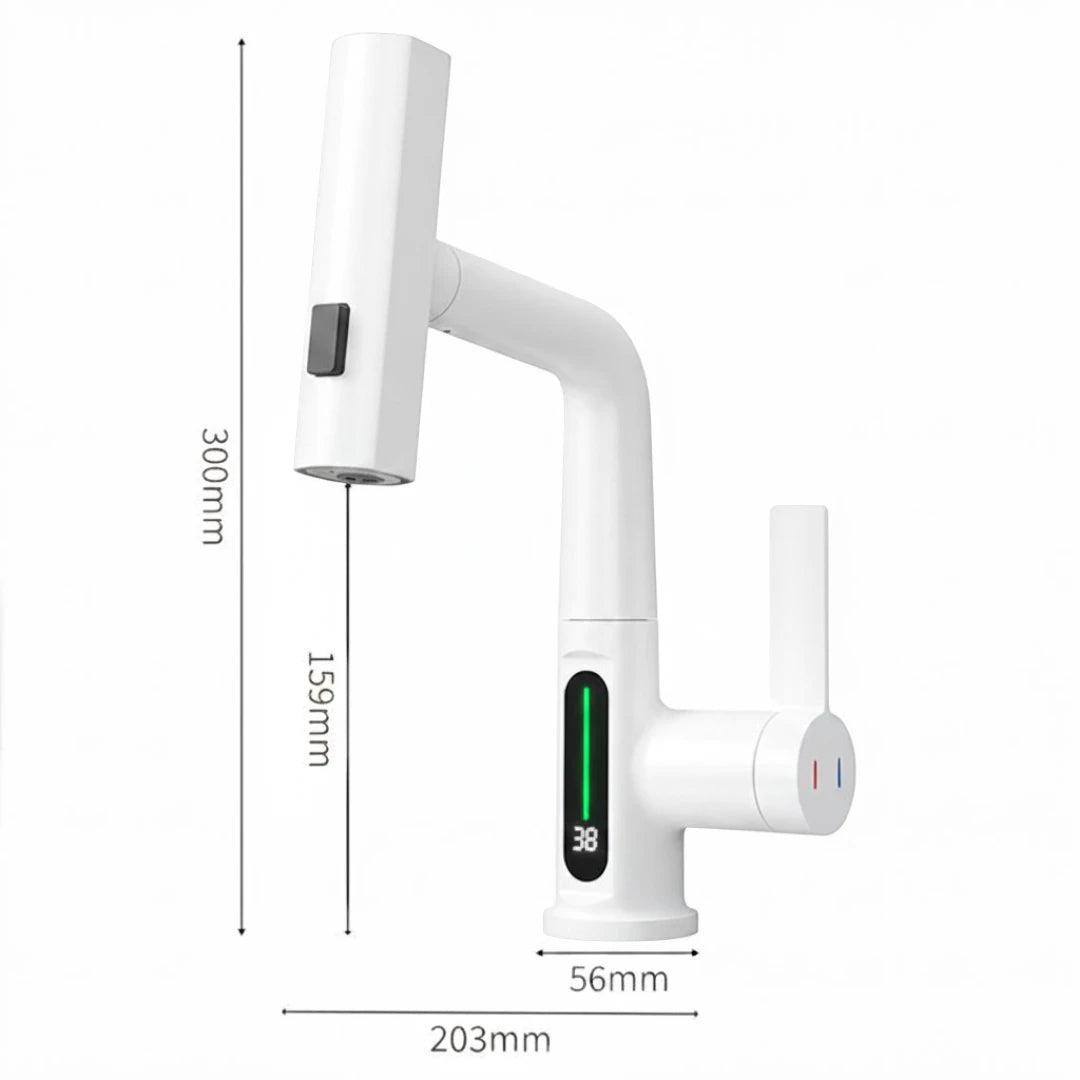 Robinet évier affichage température numérique flexible cascade - Blanc