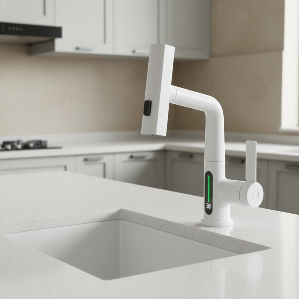 Robinet évier affichage température numérique flexible cascade - Blanc