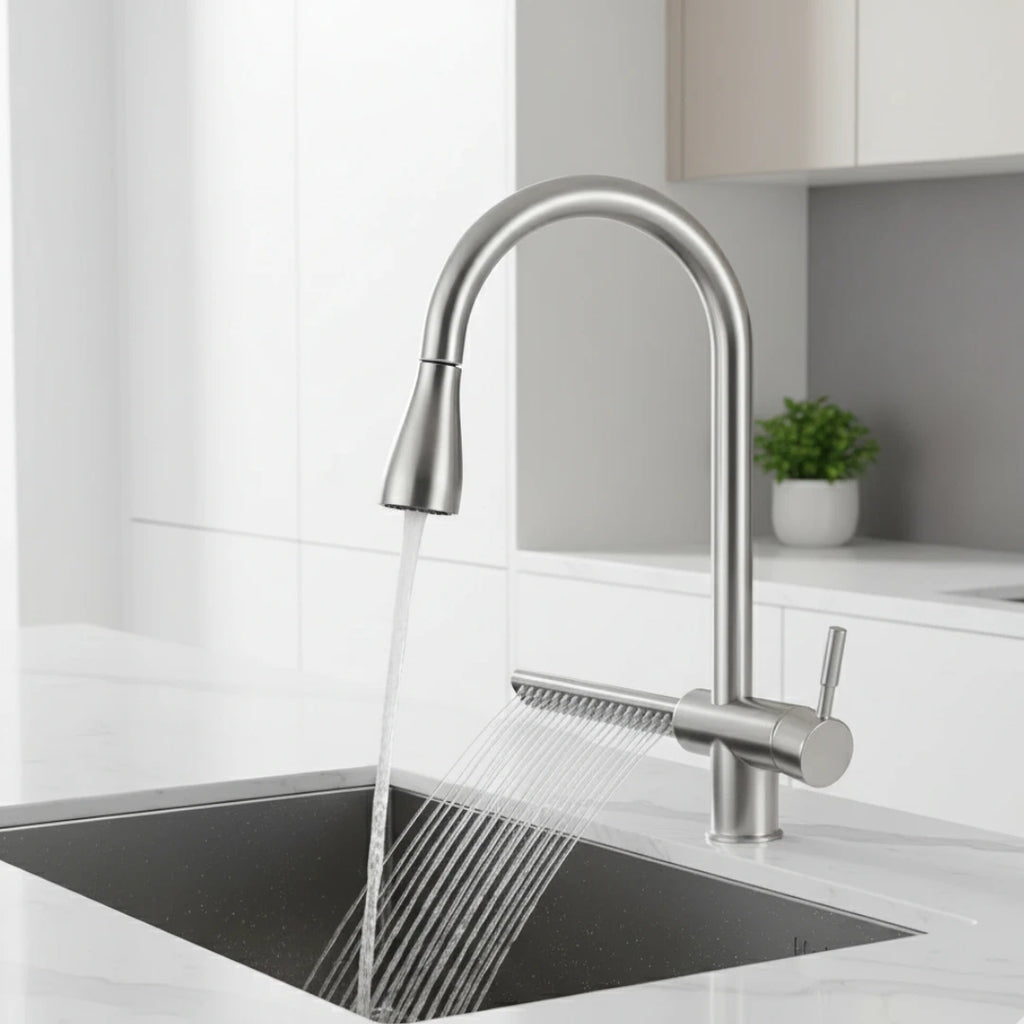 Robinet évier cuisine cascade flexible douchette - Argenté - Laiton