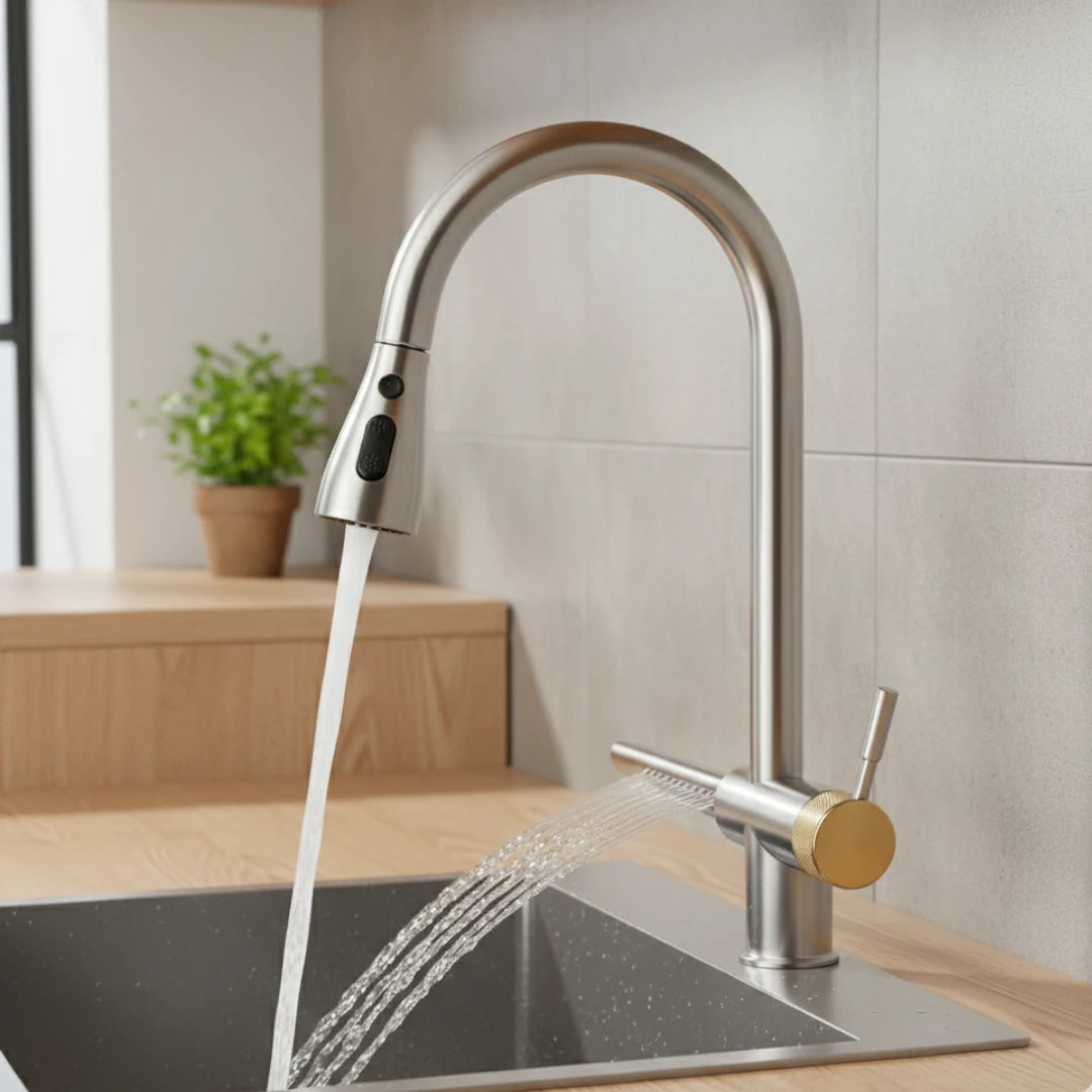 Robinet évier cuisine cascade flexible douchette - Argenté - Laiton