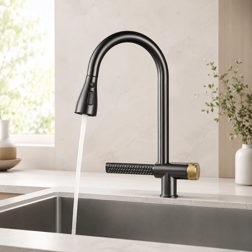 Robinet évier cuisine cascade flexible douchette - Noir - Laiton