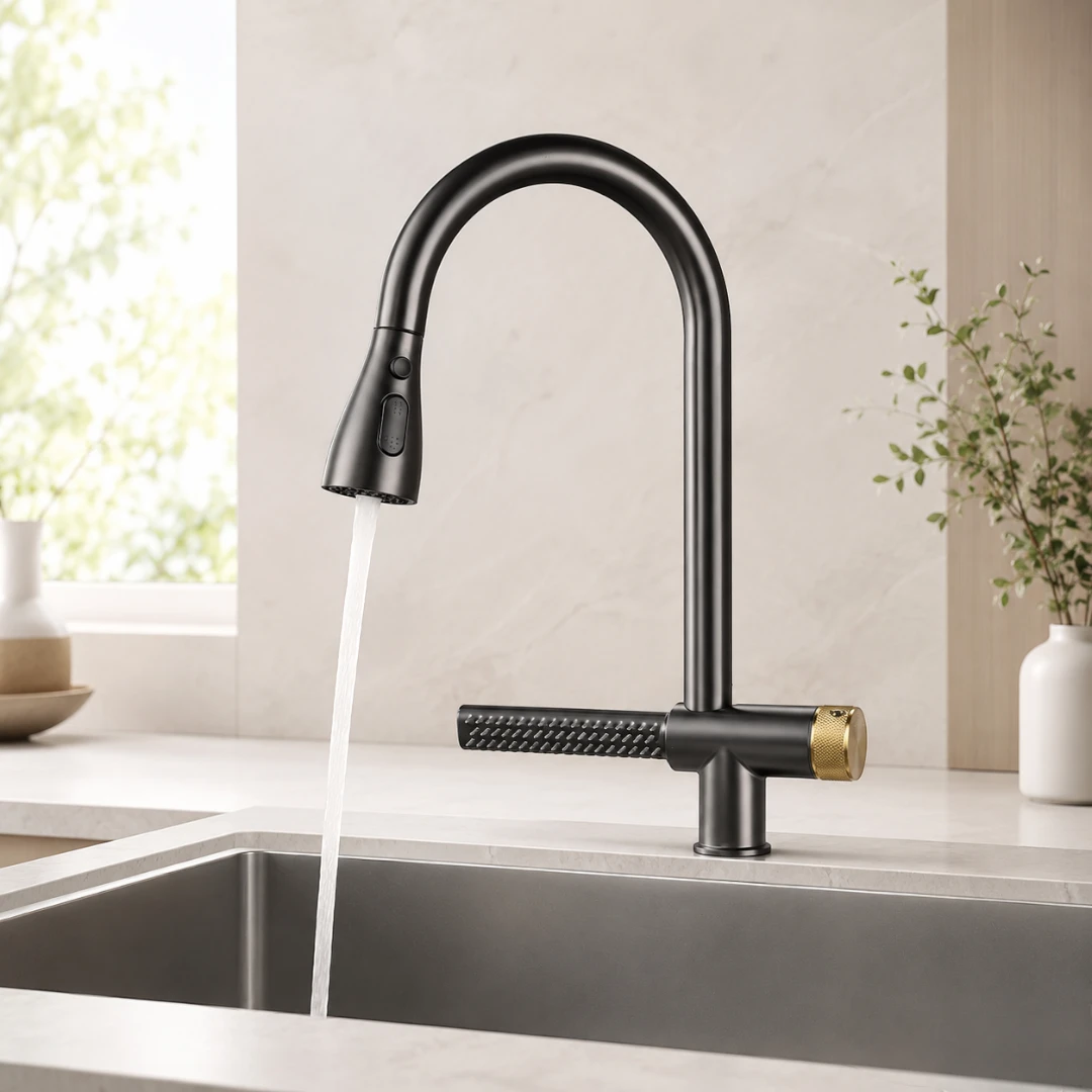 Robinet évier cuisine cascade flexible douchette - Noir - Laiton
