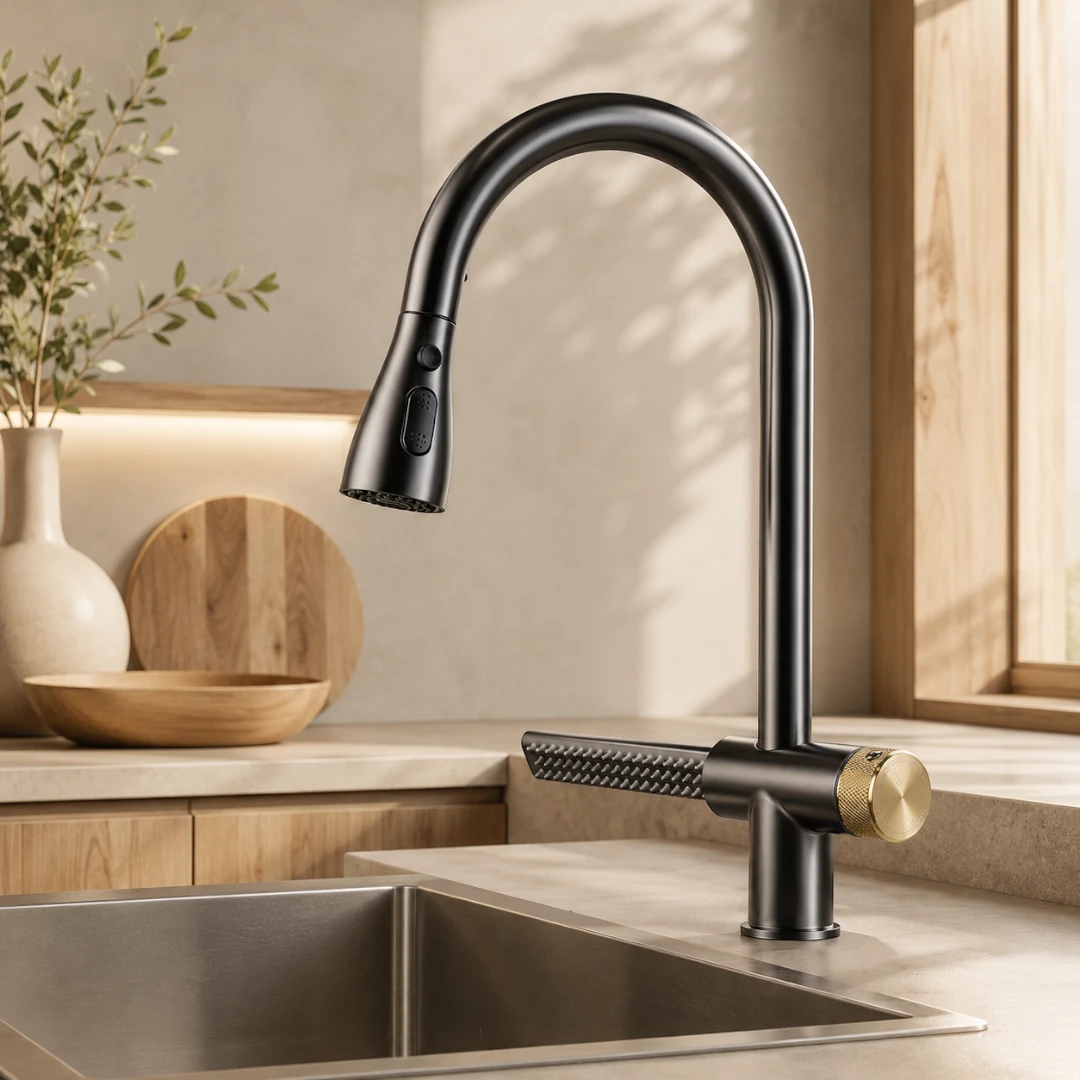 Robinet évier cuisine cascade flexible douchette - Noir - Laiton