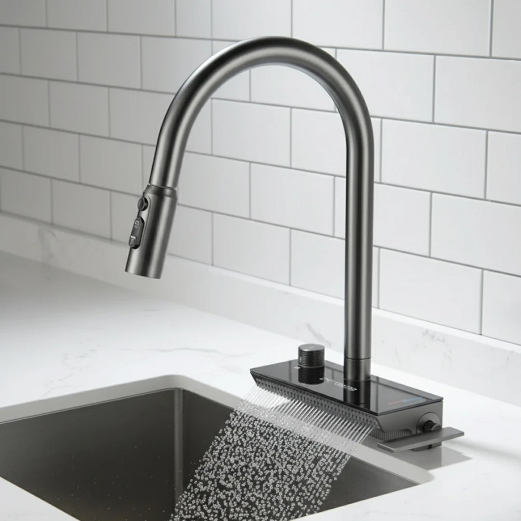 Robinet évier cuisine cascade flexible douchette affichage numérique - Noir