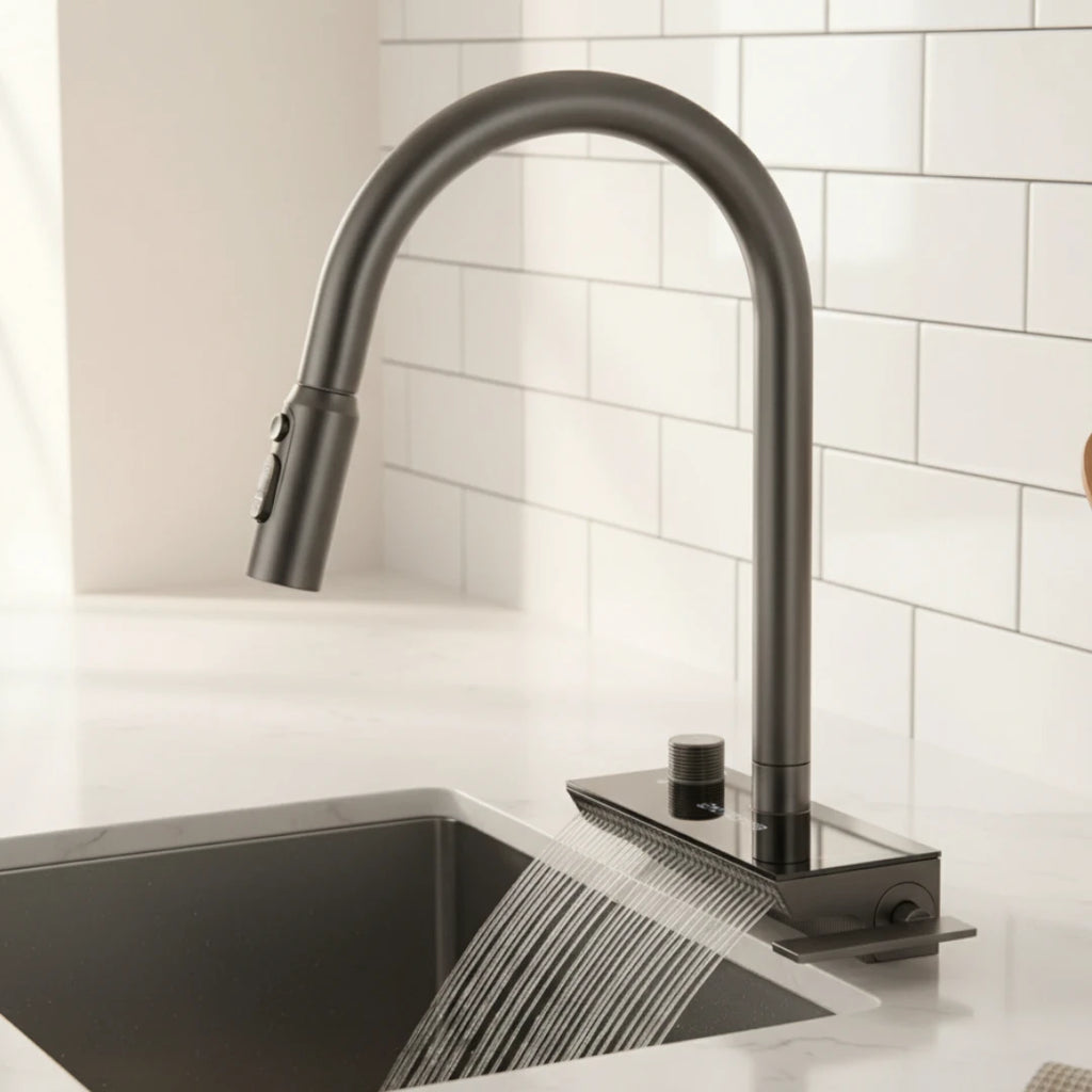 Robinet évier cuisine cascade flexible douchette affichage numérique - Noir
