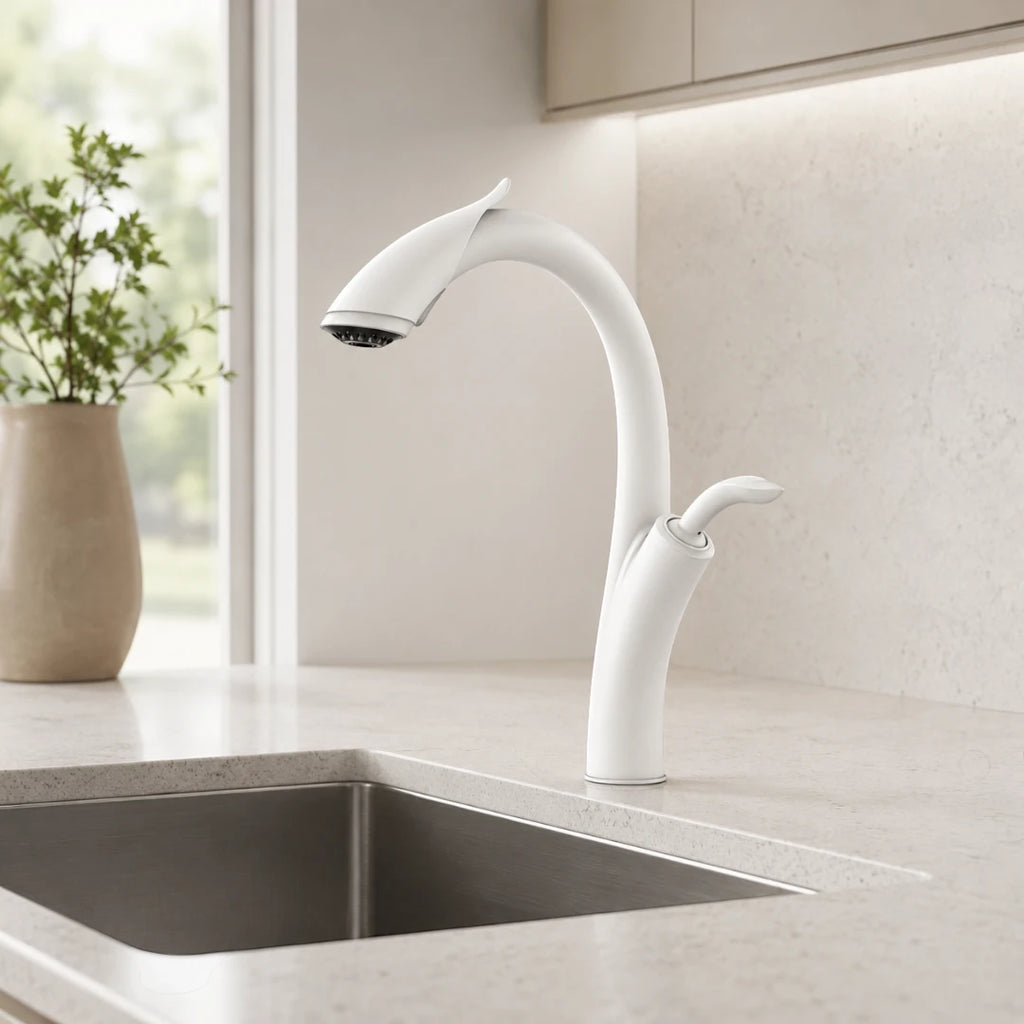 Robinet évier cuisine design flexible douchette - Blanc - Laiton