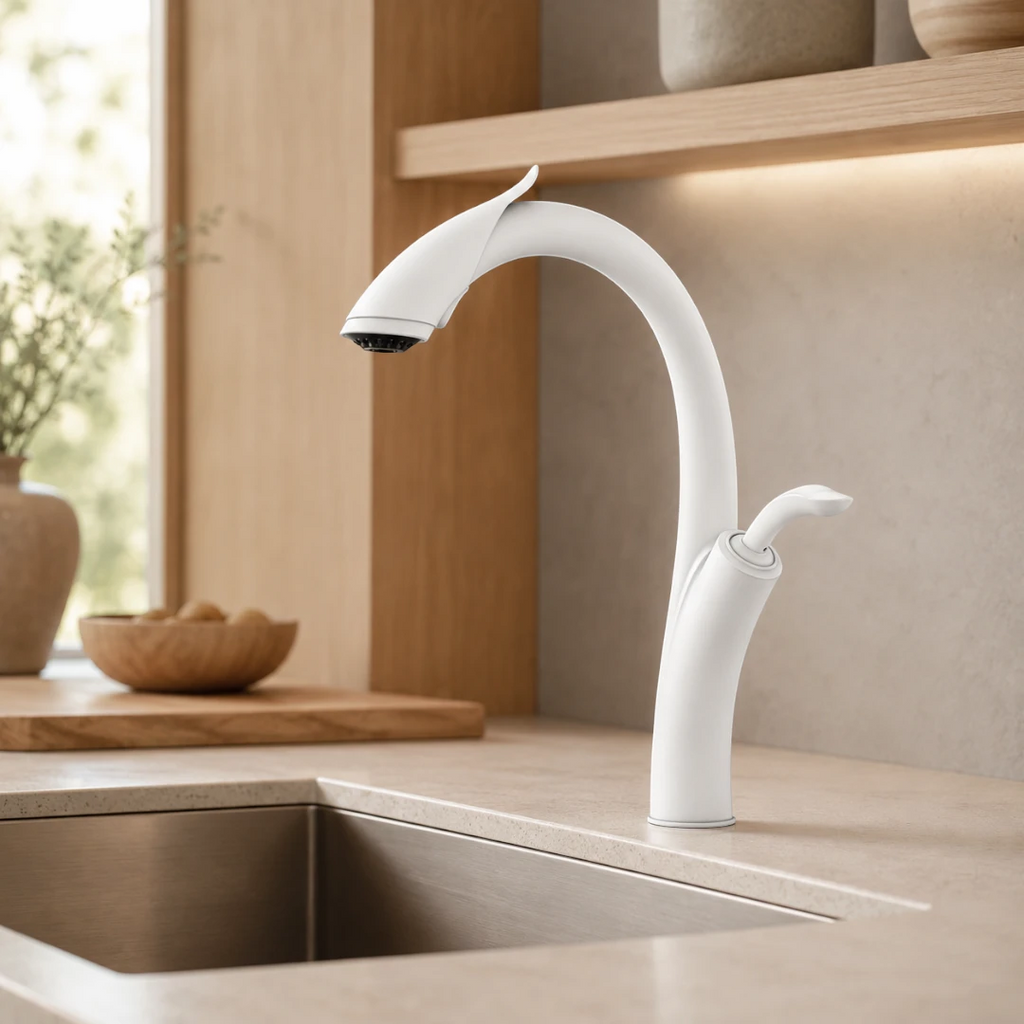 Robinet évier cuisine design flexible douchette - Blanc - Laiton