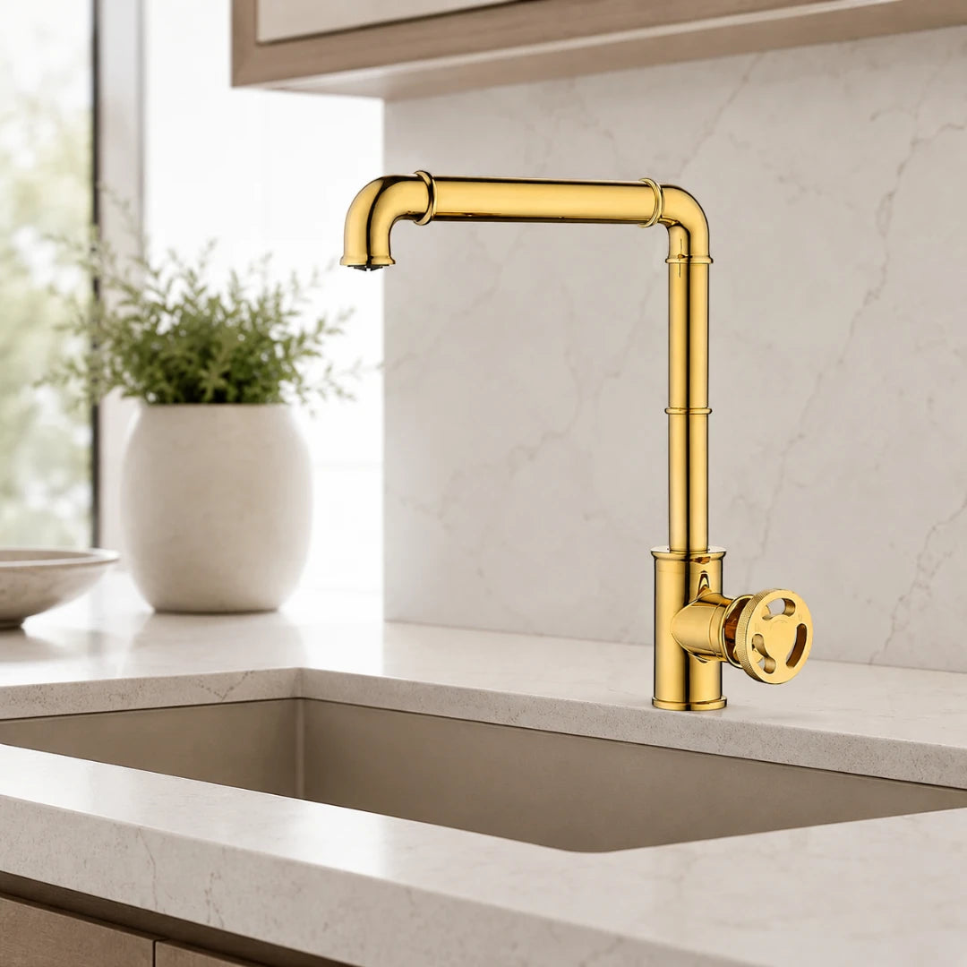 Robinet évier cuisine design industriel mitigeur - Doré - Laiton