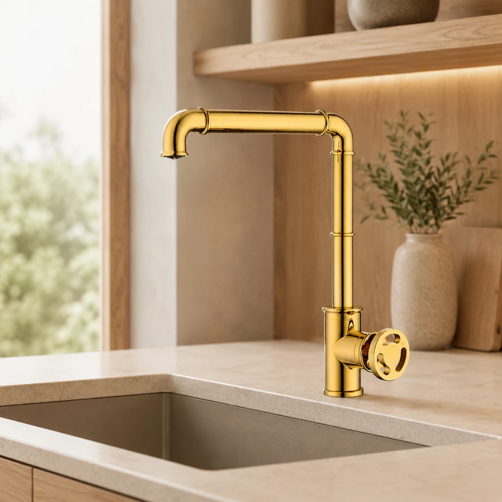 Robinet évier cuisine design industriel mitigeur - Doré - Laiton