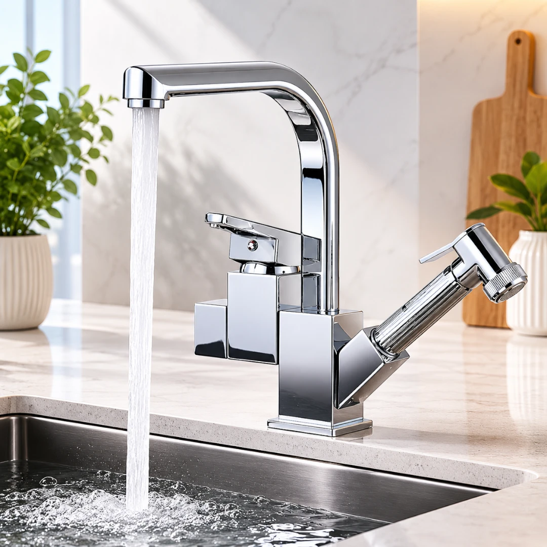 Robinet évier cuisine design mitigeur flexible douchette pistolet - Argenté - Laiton