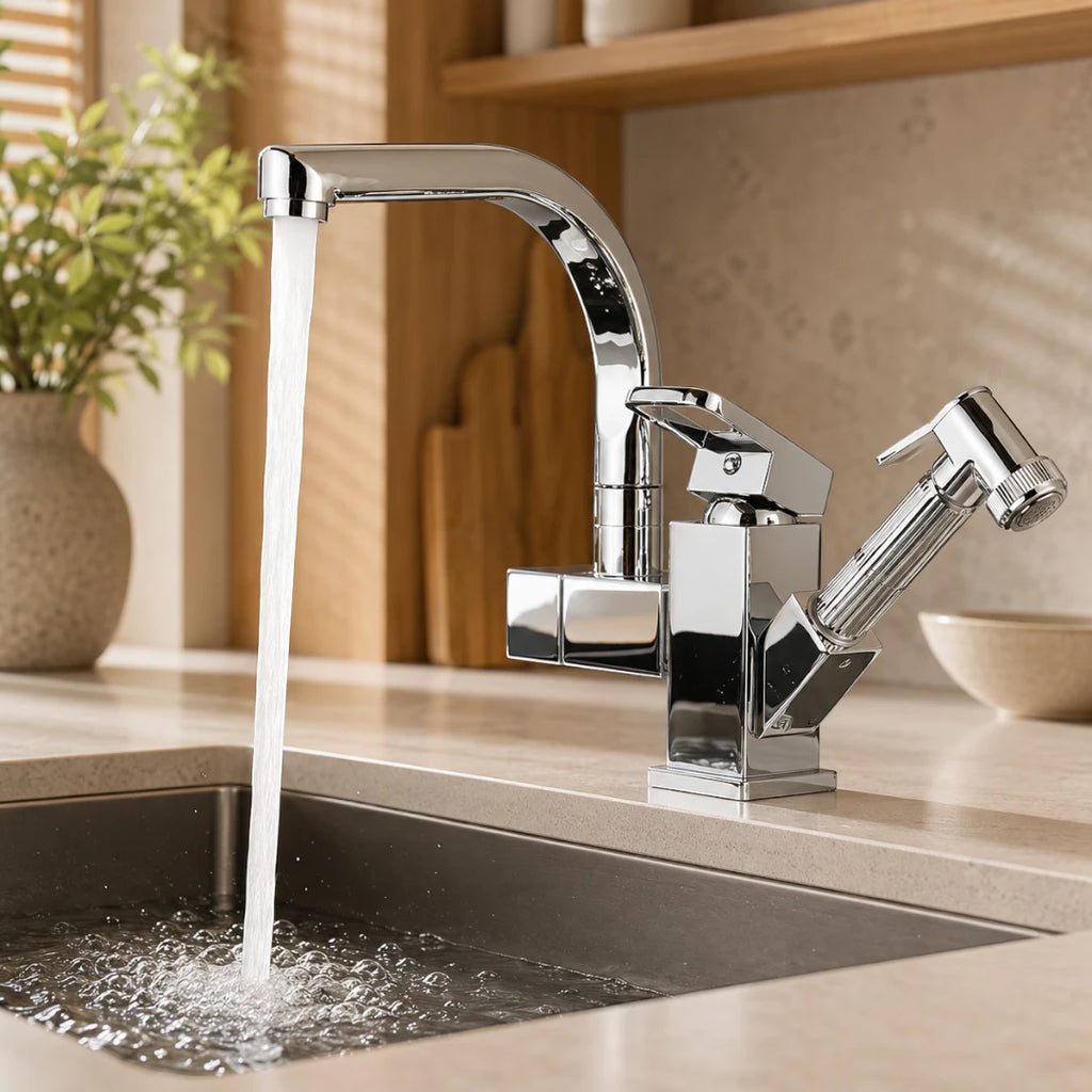 Robinet évier cuisine design mitigeur flexible douchette pistolet - Argenté - Laiton