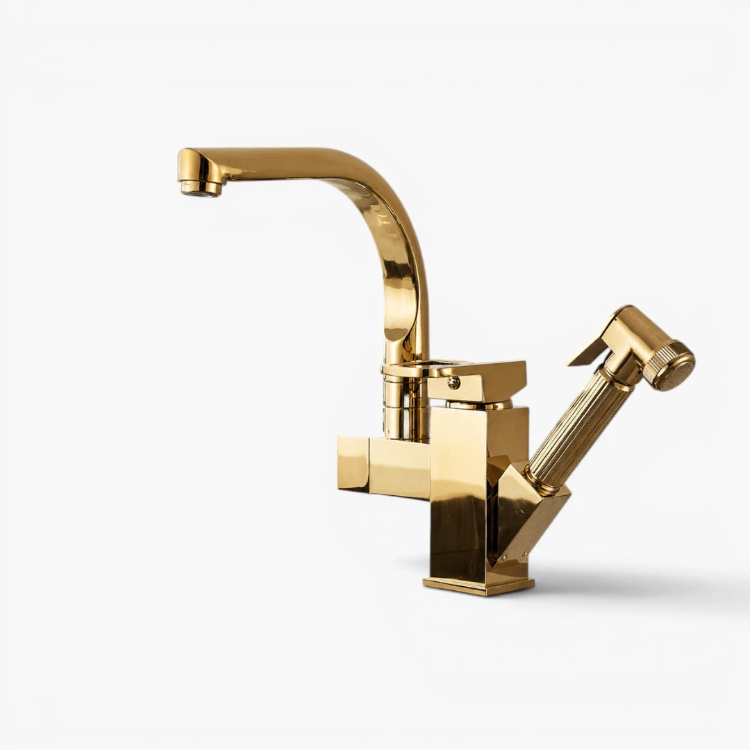 Robinet évier cuisine design mitigeur flexible douchette pistolet - Doré - Laiton