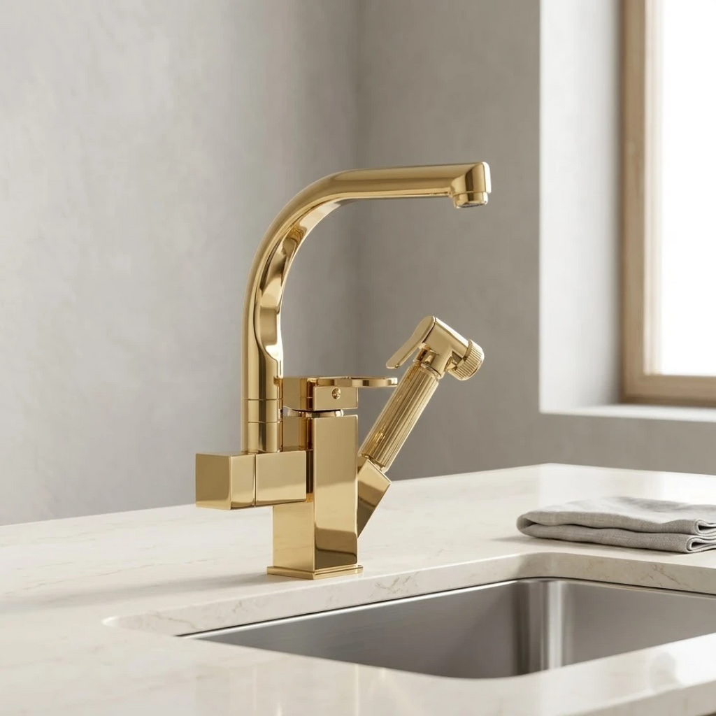 Robinet évier cuisine design mitigeur flexible douchette pistolet - Doré - Laiton