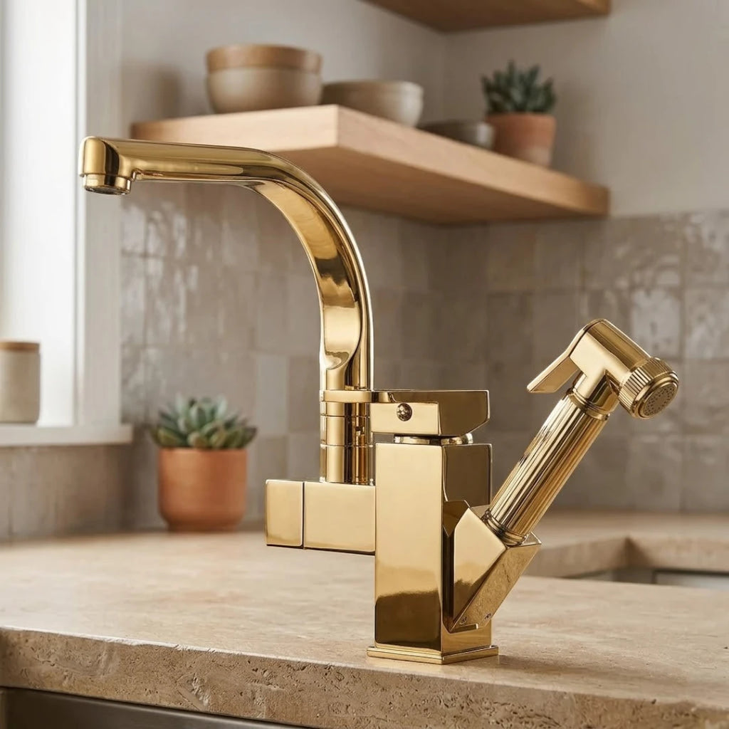 Robinet évier cuisine design mitigeur flexible douchette pistolet - Doré - Laiton
