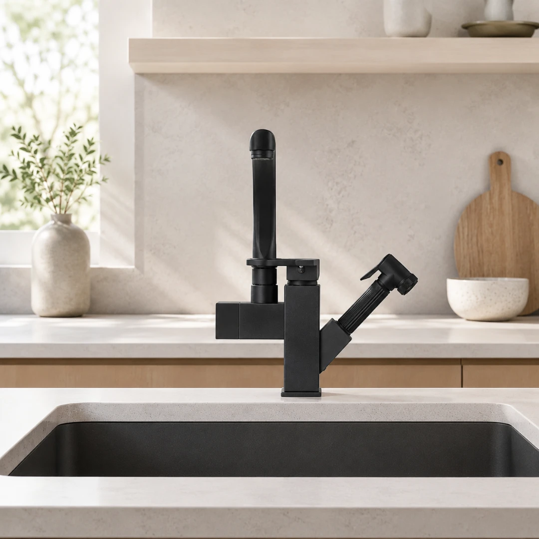 Robinet évier cuisine design mitigeur flexible douchette pistolet - Noir - Laiton