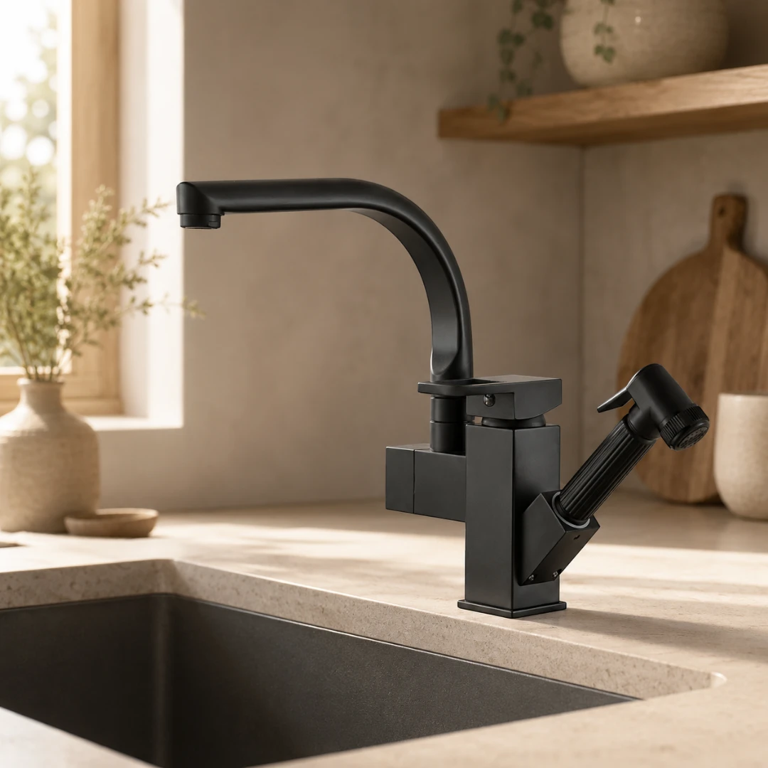 Robinet évier cuisine design mitigeur flexible douchette pistolet - Noir - Laiton