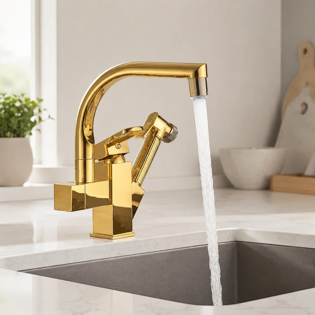 Robinet évier cuisine design mitigeur led flexible douchette pistolet - Doré - Laiton