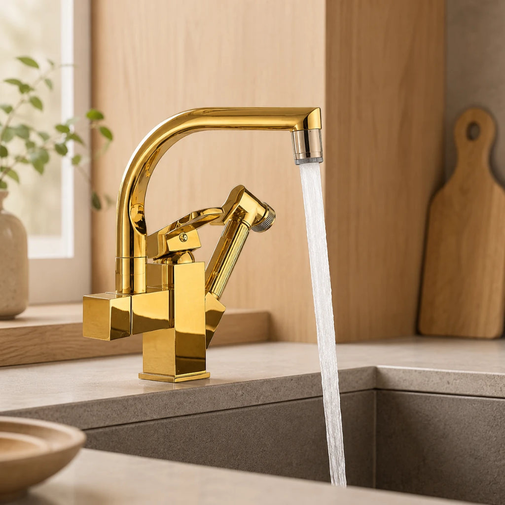 Robinet évier cuisine design mitigeur led flexible douchette pistolet - Doré - Laiton