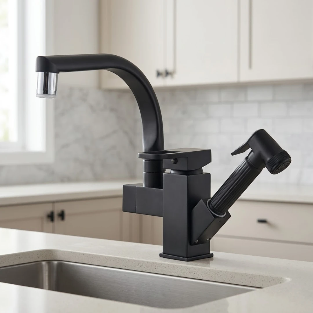 Robinet évier cuisine design mitigeur led flexible douchette pistolet - Noir - Laiton