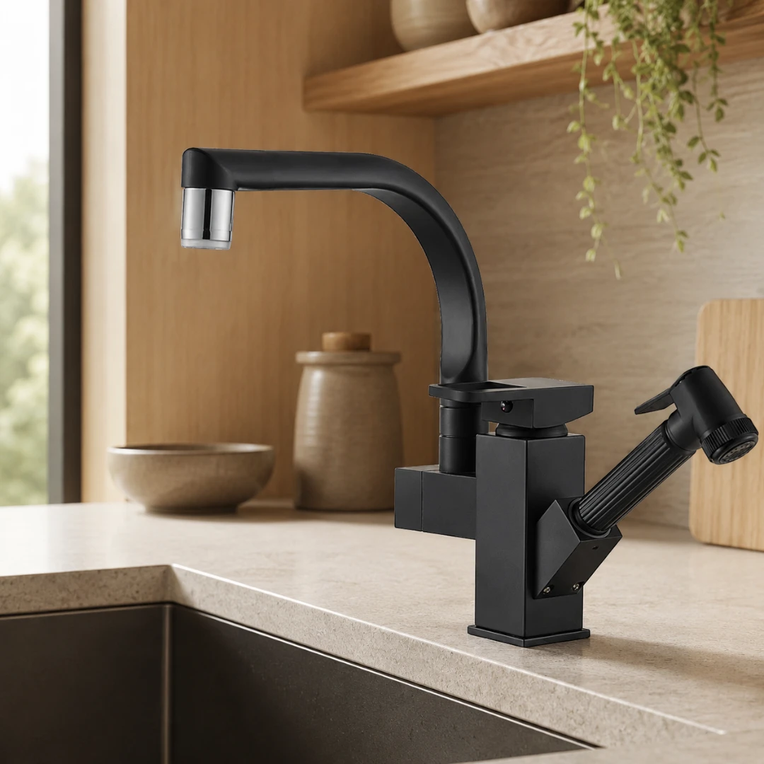 Robinet évier cuisine design mitigeur led flexible douchette pistolet - Noir - Laiton