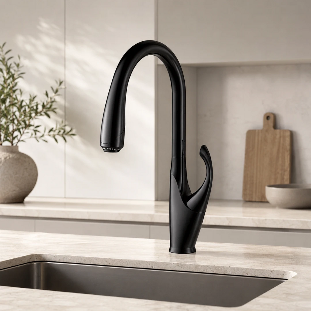 Robinet évier cuisine design moderne flexible douchette - Noir - Laiton