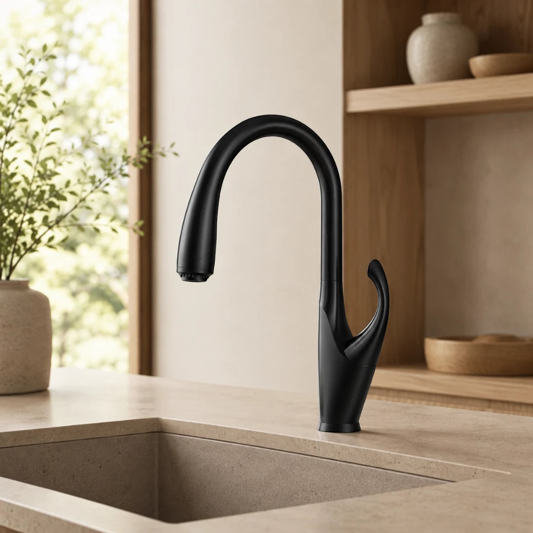 Robinet évier cuisine design moderne flexible douchette - Noir - Laiton
