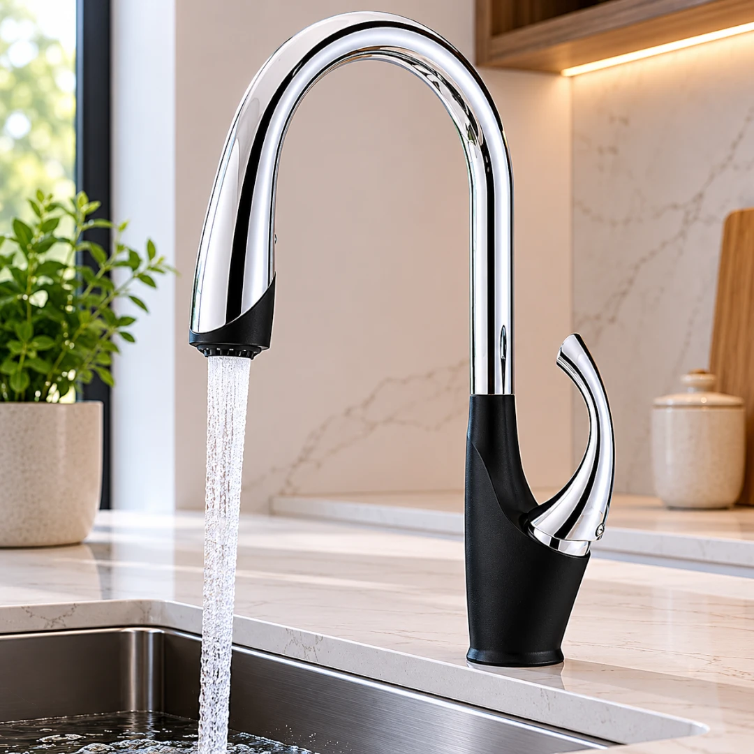 Robinet évier cuisine design moderne flexible douchette - Noir / Argenté - Laiton