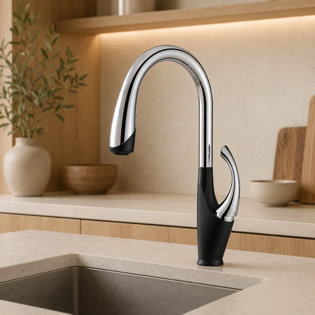 Robinet évier cuisine design moderne flexible douchette - Noir / Argenté - Laiton