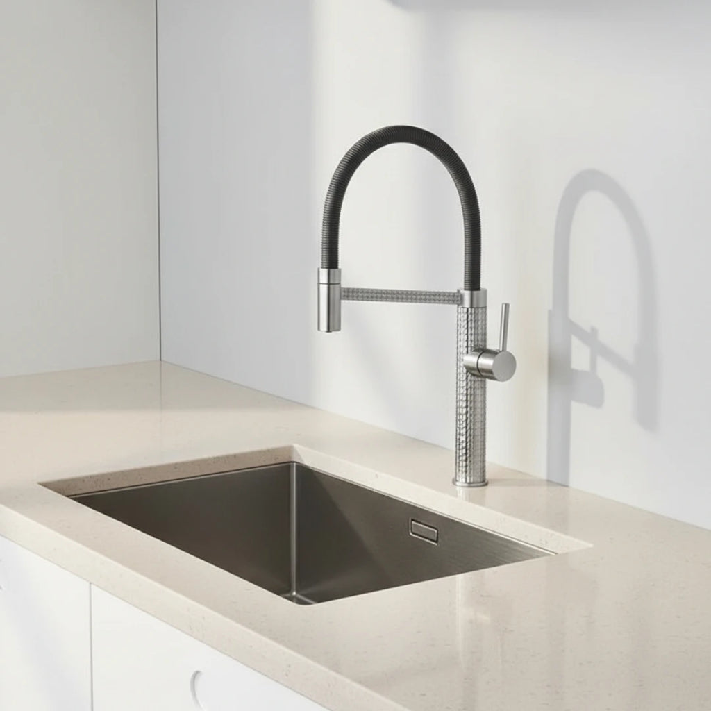 Robinet évier cuisine design texturé flexible - Argenté - Laiton
