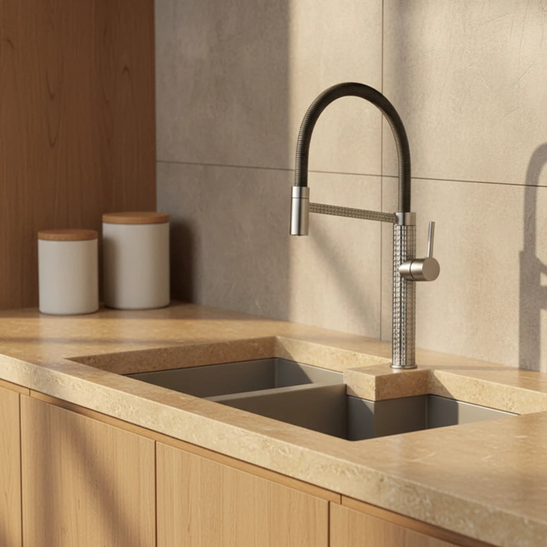Robinet évier cuisine design texturé flexible - Argenté - Laiton