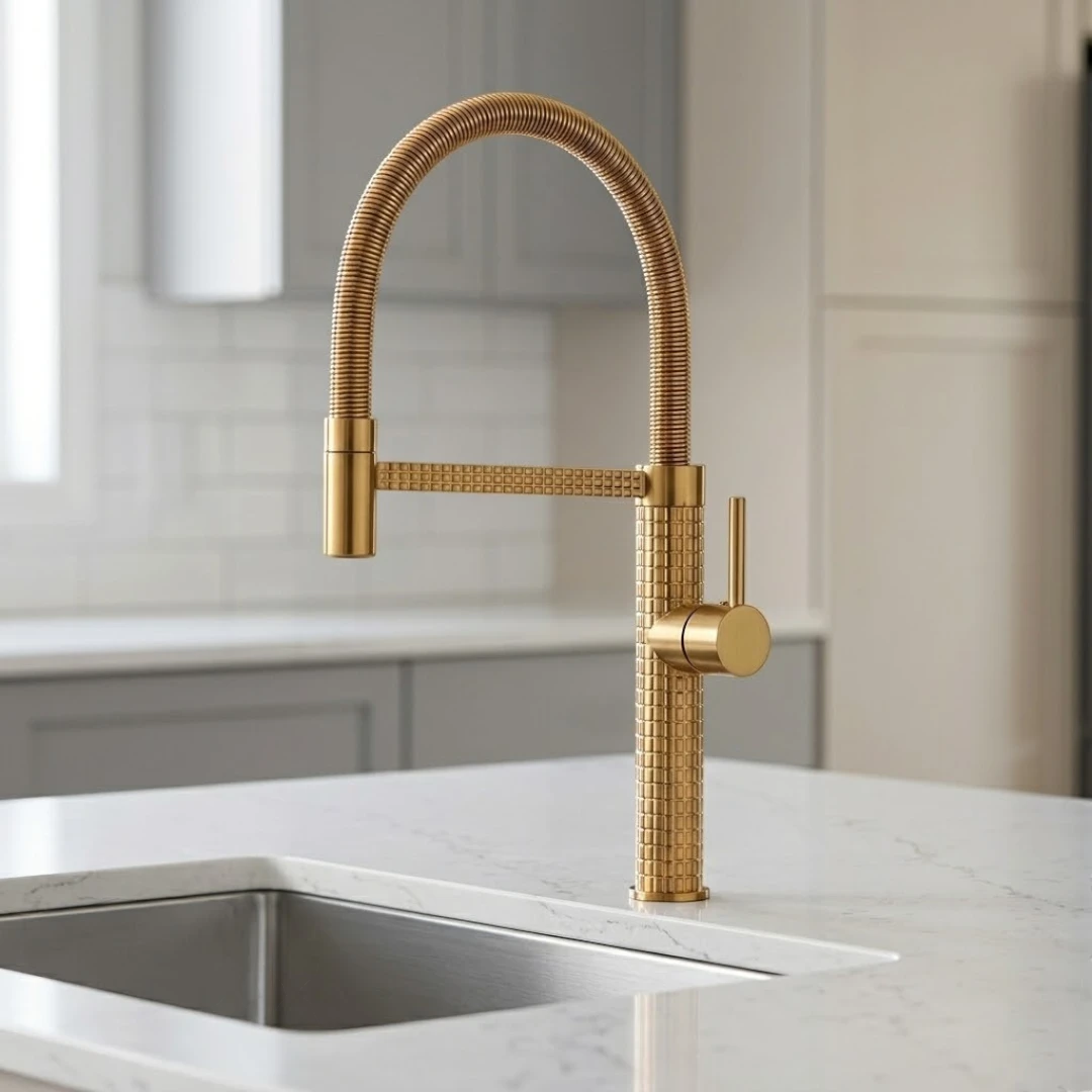 Robinet évier cuisine design texturé flexible - Doré - Laiton