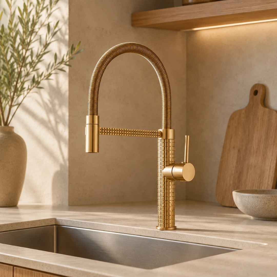 Robinet évier cuisine design texturé flexible - Doré - Laiton