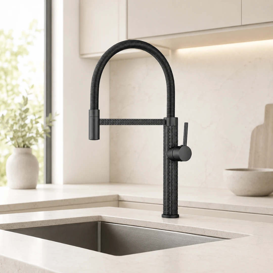 Robinet évier cuisine design texturé flexible - Noir - Laiton
