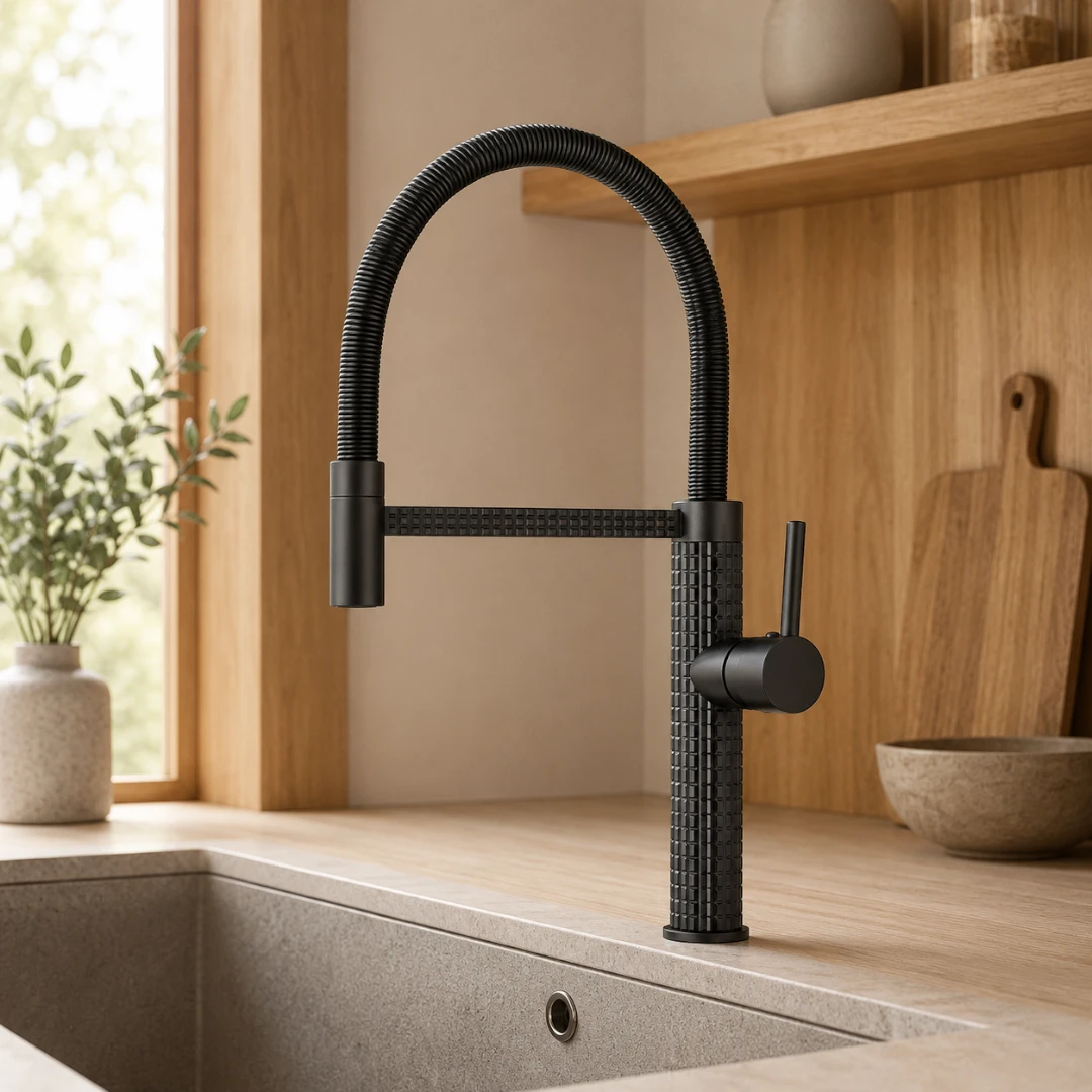 Robinet évier cuisine design texturé flexible - Noir - Laiton
