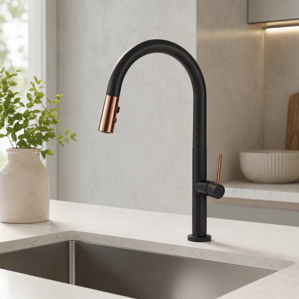 Robinet évier cuisine douchette dorée rose - Noir - Laiton