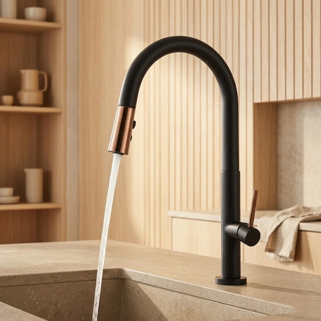 Robinet évier cuisine douchette dorée rose - Noir - Laiton