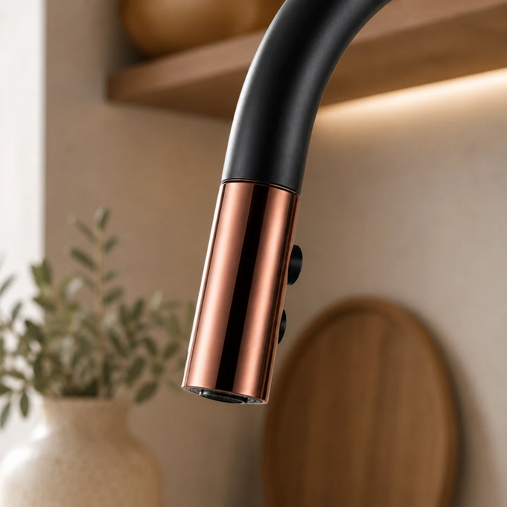 Robinet évier cuisine douchette dorée rose - Noir - Laiton