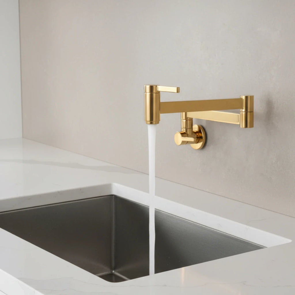 Robinet évier cuisine eau froide rabattable mural encastrable - Doré - Laiton