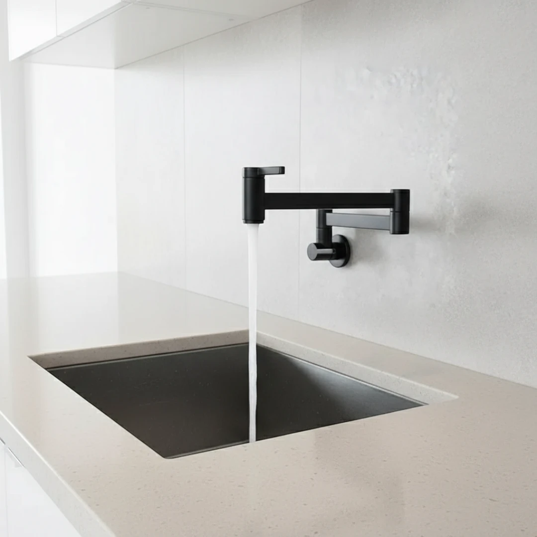 Robinet évier cuisine eau froide rabattable mural encastrable - Noir - Laiton
