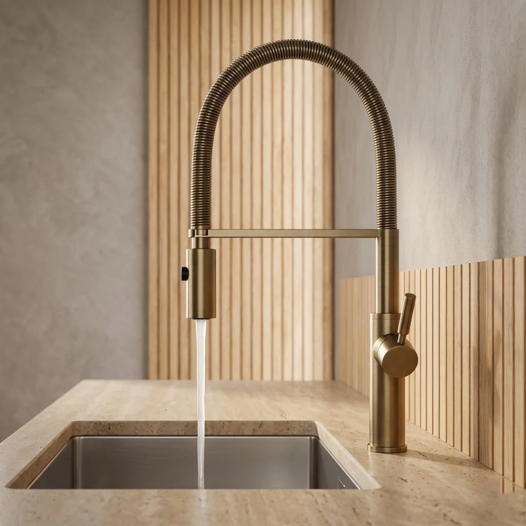 Robinet évier cuisine flexible douchette design - Doré - Laiton
