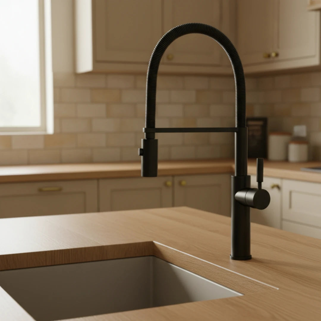 Robinet évier cuisine flexible douchette design - Noir - Laiton