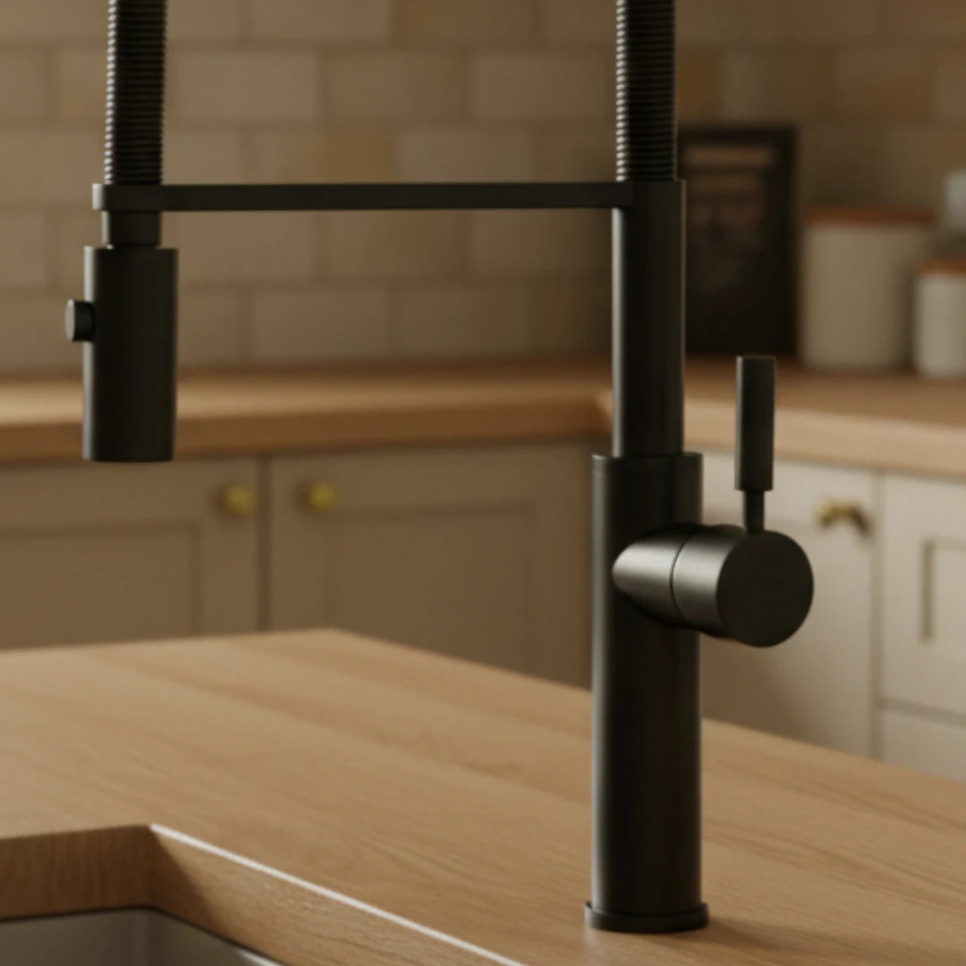 Robinet évier cuisine flexible douchette design - Noir - Laiton