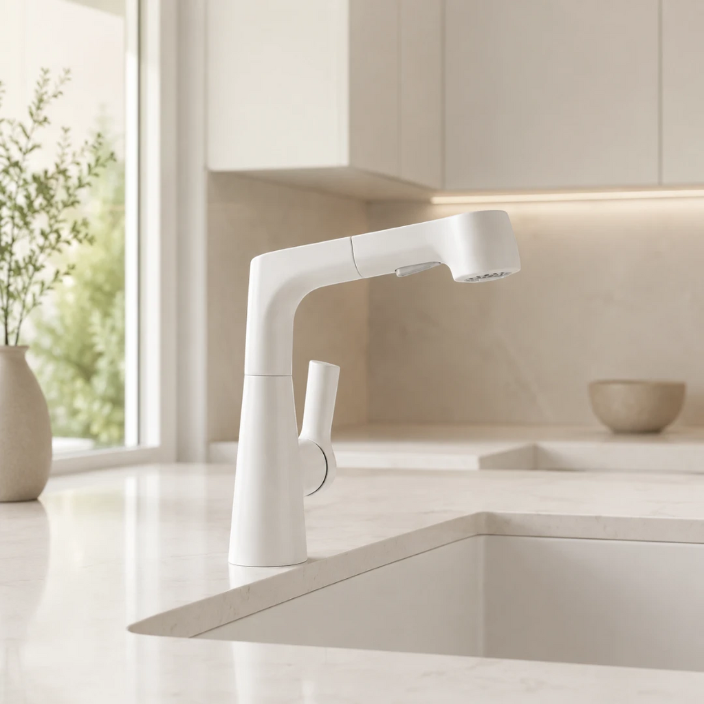 Robinet évier cuisine flexible douchette hauteur réglable - Blanc