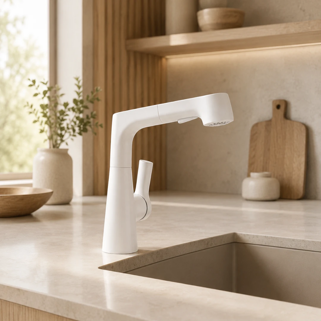Robinet évier cuisine flexible douchette hauteur réglable - Blanc