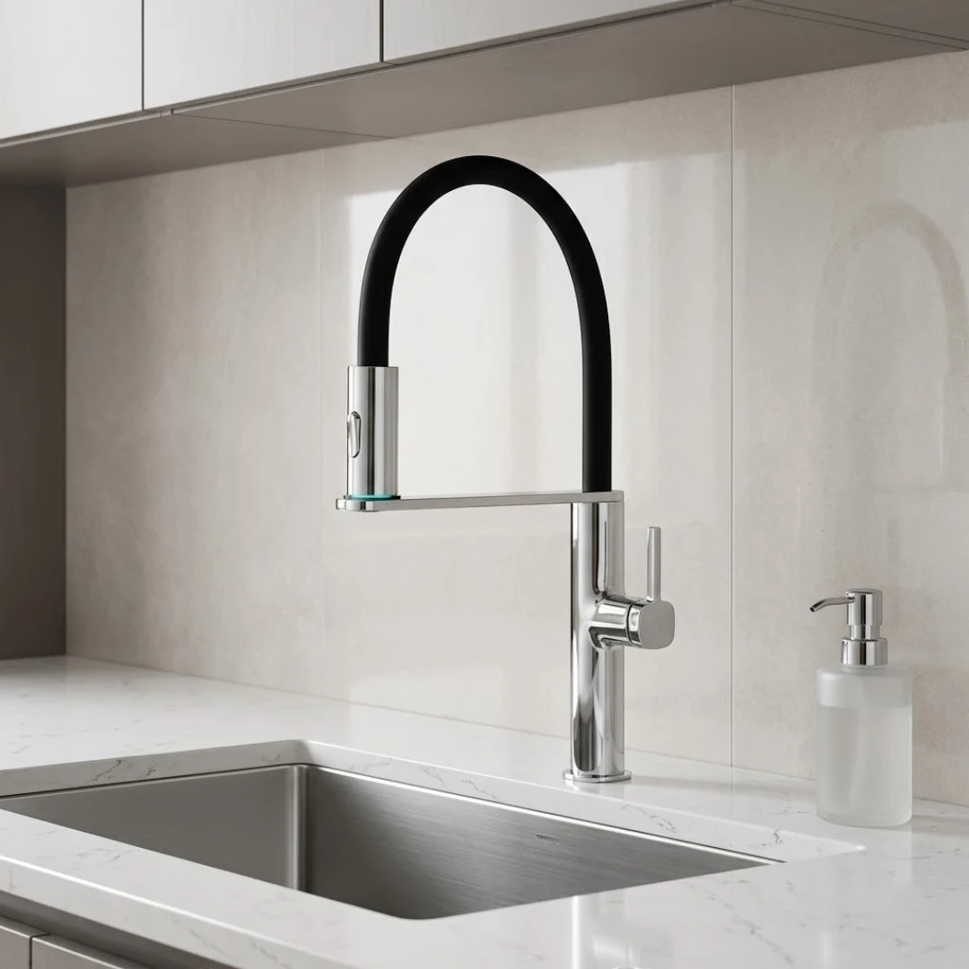 Robinet évier cuisine flexible noir douchette magnétique - Argenté - Laiton