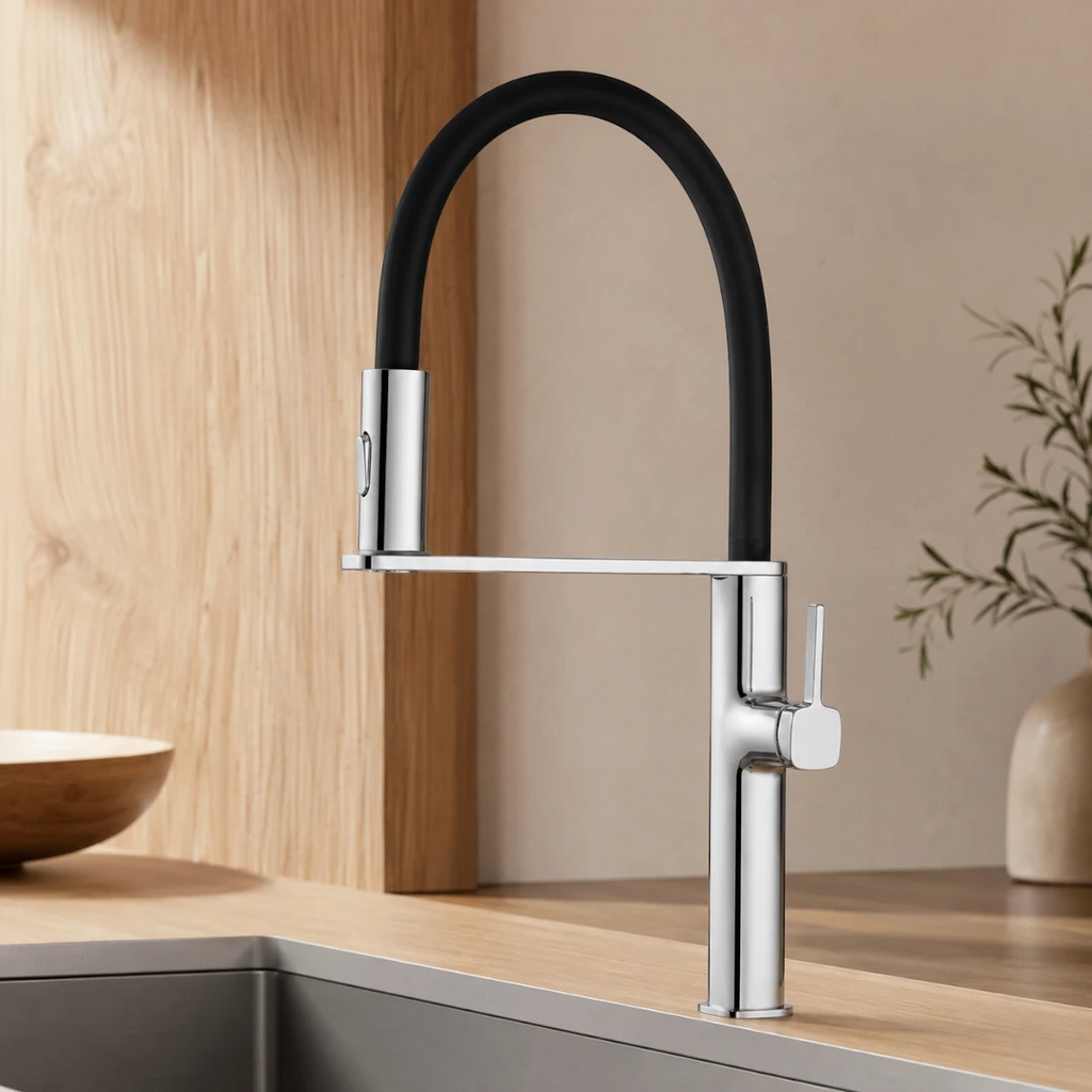 Robinet évier cuisine flexible noir douchette magnétique - Argenté - Laiton