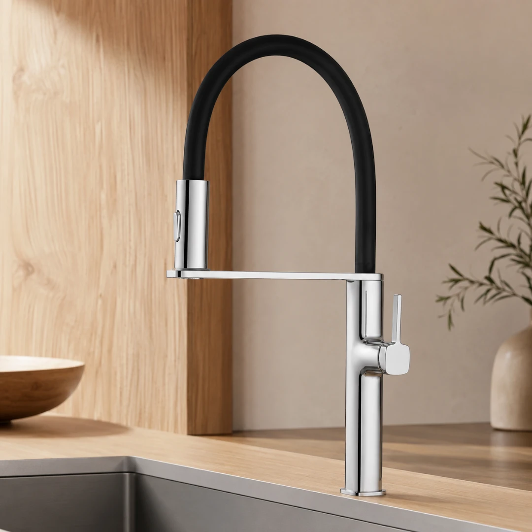 Robinet évier cuisine flexible noir douchette magnétique - Argenté - Laiton